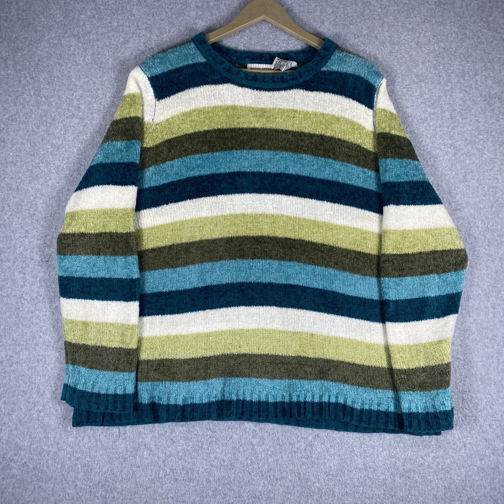 White Stag Sweater Ladies XL Blue Green Striped Chenille Knit Crew Neck
